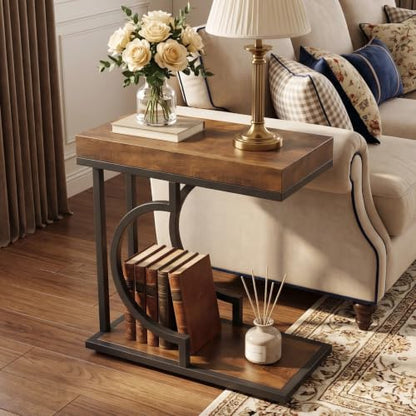 Tribesigns C Shaped Modern End Table for Coach with Metal Frame | Wood Grain, Small Side Table for Living Room, Nightstand for Bedroom, Rustic Brown&Black - color: Brown+black