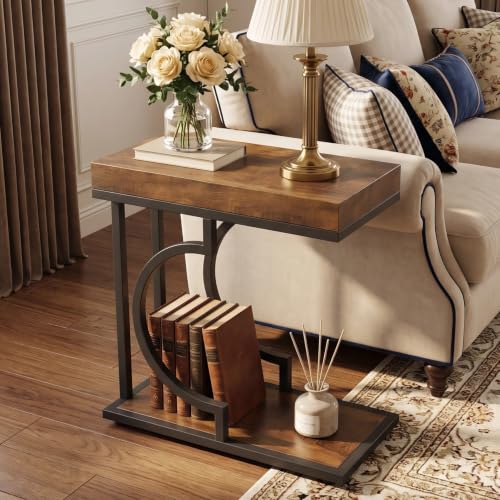 Tribesigns C Shaped Modern End Table for Coach with Metal Frame | Wood Grain, Small Side Table for Living Room, Nightstand for Bedroom, Rustic Brown&Black - color: Brown+black