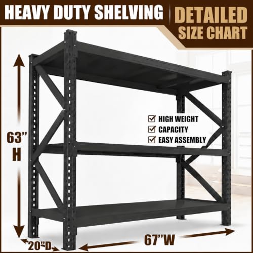 67" W Heavy Duty Garage Shelving, 6000 LBS Metal Storage Shelves with Anti-Fall Rails, 3-Tier Adjustable Storage Rack for Garage, Warehouse, Basement, Study Room - size: Reinforced 67"Wx 20"Dx 63"H