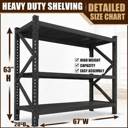 67" W Heavy Duty Garage Shelving, 6000 LBS Metal Storage Shelves with Anti-Fall Rails, 3-Tier Adjustable Storage Rack for Garage, Warehouse, Basement, Study Room - size: Reinforced 67"Wx 20"Dx 63"H