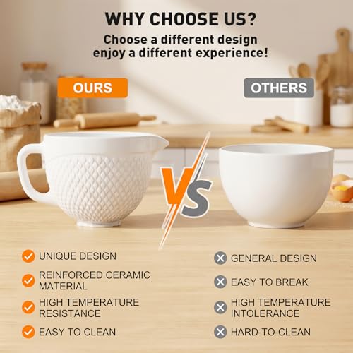 COFUN Ceramic Mixer Bowl for KitchenAid 4.5-5 Qt Tilt-Head Stand Mixers | Mixing Bowl with Handle & Pour Spout, Oven/Microwave/Dishwasher Safe - color: Whier-Ceramic