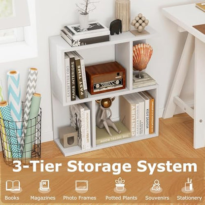 22’’ H Geometric Bookshelf, 2-Tier S-Shaped Floor Bookcase, Freestanding Open Display Book Shelf for Small Spaces, Low Side Table for Living Room & Bedroom (1, White) - color: White