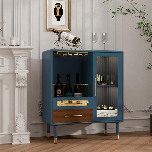 ARTPOWER Modern Coffee Bar Cabinet with Pull-Out Wine Storage, Blue | Bar Cart with Wine Glass Rack and Drawers, Liquor Cabinet for Kitchen, Dining Room, Living Room - color: Blue