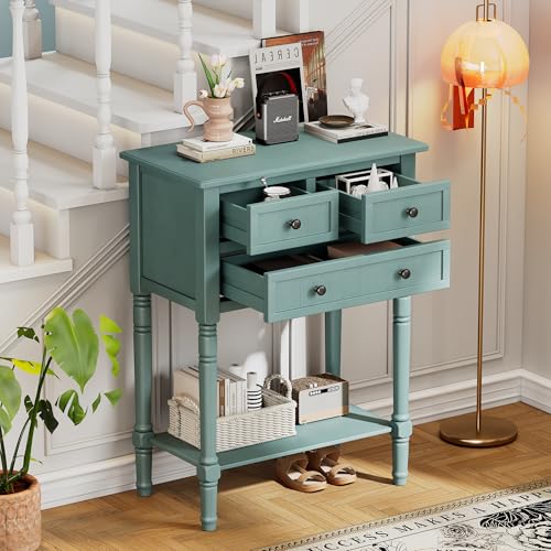 MTHOUSE Solid Wood Narrow Console Table, Entryway Table for Hallway & Living Room, Slim Sofa Table with 3 Drawers & Shelf, Easy Assembly Storage Furniture(Light Blue) - color: Light Blue