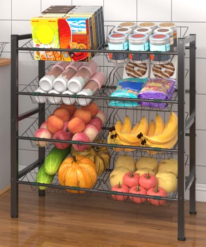 4-Tier Fruit and Vegetable Storage Rack with 8 Removable Baskets, Small Kitchen Island, Pantry Floor Organizer Stand Shelves for Snack Onion Potato Storage, Black - style: 8 Baskets-Black