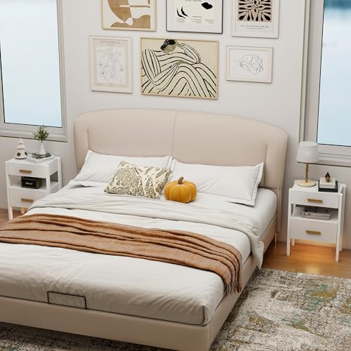 Nightstand with 2 Drawers and Open Shelf Wooden Bedside Table Gold Handles Modern Storage Night Stand Sensor Light for Bedroom, White - color: White