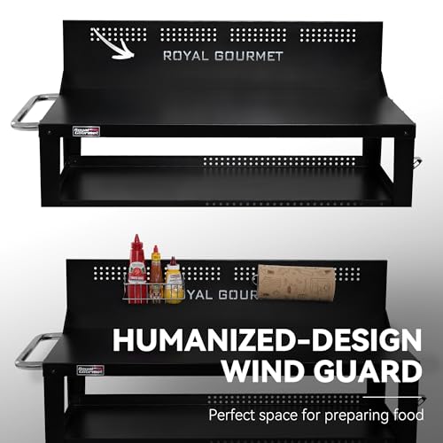 Royal Gourmet PC4401B 3-Tier Dining Cart with Wind Guard, Sturdy Structure and Ample Storage Shelves, for Indoor & Outdoor use，with Bottle Opener, Hooks, Wine Rack, Multifunctional Side Handle, Black | with Bottle Opener, Hooks, Wine Rack, Multifunctional