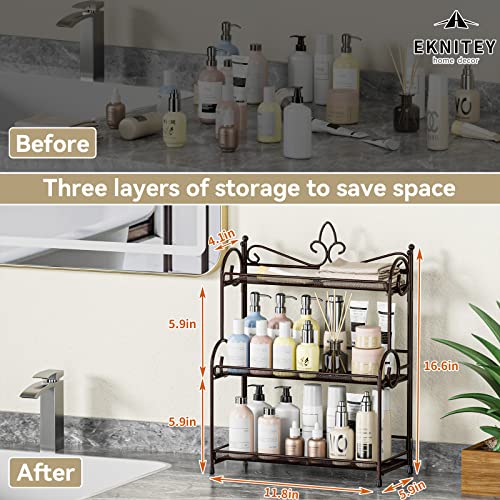 EKNITEY Bathroom Organizer Shelf Countertop - 3 Tier Spice Rack No Assembly | Kitchen Counter Organizer, for Skincare Makeup Vanity, Sturdy Metal Frame, Easy to Clean, Space-saving, Foldable, Brown - color: Brown