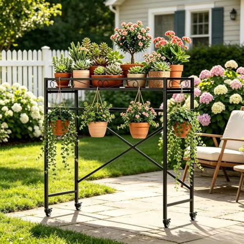 Zhongma 1 Tier Window Height Sturdy Metal Plant Stand with Wheels, 40.5x16x40.4 in High, Heavy Duty Succulent Shelf for Home Indoor and Outdoor, 220 LBS Capacity & Heavy Duty Construction - color: 1 Tier 40.5x16x40.4 Inch High