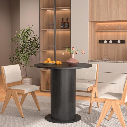 31.5 inch Round Dining Table for 2, Modern Farmhouse Kitchen Table, Small Circle Dining Tables with Wood Strip Base for Kitchen Living Room (Black) - color: Black