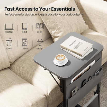 HLDIRECT C Shaped End Table with Charging Station & Storage Bag Gray | 2 USB & 2 Outlets, Storage Bag, FSC Wood, Foldable, 11.8"D x 15.7"W, for Small Spaces, Couch, Bedroom - color: Grey
