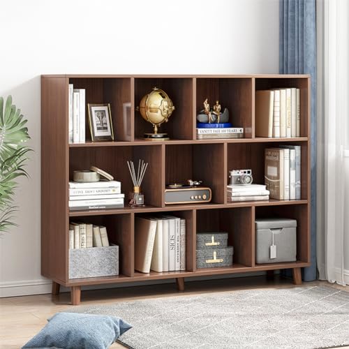 IOTXY Open Cubes Low Bookcase - 3-Tier 11-Cube Short Bookshelf in Walnut | Nordic Minimalist Style, MDF Material, Solid Wood Legs, Deep Storage Cubes, Free Standing Wooden Cabinet Organizer Unit - color: Walnut, size: 3-Tier 11-Cubes