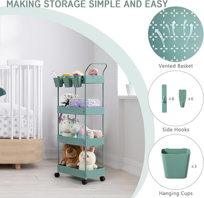 danpinera Slim Storage Cart on Wheels, 4 Tier Narrow Laundry Cart with Hooks Hanging Cups Dividers Mobile Rolling Lash Cart with Handle for Bathroom Small Spaces, Green - style: 4 Tier Green