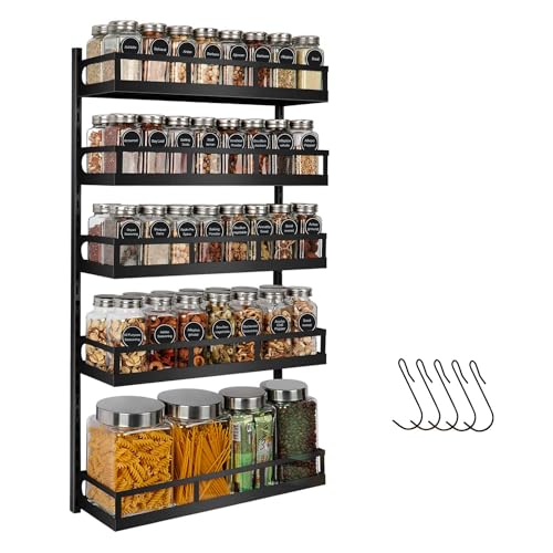 X-cosrack Wall Mount Spice Rack Organizer 5 Tier Height-Adjustable Hanging Spice Shelf Storage for Kitchen Pantry Cabinet, Dual-Use Seasoning Holder Rack with Hooks, Black-Patented - color: Black, size: 5x 4.6"D