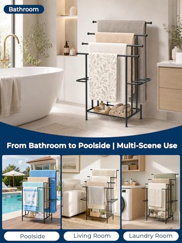 Haturi 4-Tier Free Standing Towel Rack for Bathroom, 45.3" H Black Metal Towel Drying Rack, 18.1" W with Storage Basket, Outdoor Pool Towel Holder for Oversized Towels & Blankets - size: 4 Tier
