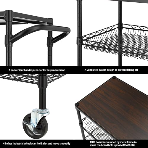 Finnhomy 3 Tier Heavy Duty Commercial Grade Utility Cart with Wood Top, Wire Rolling Cart with Wheels and Handle Bar, Kitchen Carts on Wheels, 18x36x35.4 H Metal Cart with 600 LBS Capacity, Black - style: 36“L Black