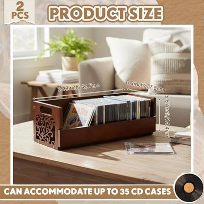 CroBlissful 2 Set Wooden Cd Holder, Stackable Cd Storage Rack with Handles, Magnetic Front-opening Design, Compact Media Organizer for Home Office & Living Room, Each Set Holds up to 36 Cases (Brown)