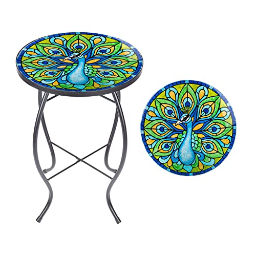 MUMTOP Outdoor Side Table - Small Mosaic Patio Tables, 14” Round Accent End Coffee Glass Plant Stand for Garden Living Room(Peacock) - color: G-peacock
