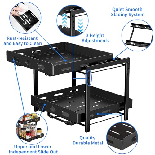 Pull Out Spice Rack Organizer for Cabinet, 2 Tier Cabinet Spice Rack Organizer, Height Adjustable Vertical Spice Rack for Cabinet, Kitchen, Pantry, Cupboard (11.9''Wx10.8''Dx9.2''H, Metal Black) - size: 11.9''Wx10.8''Dx9.2''H,2 Tier