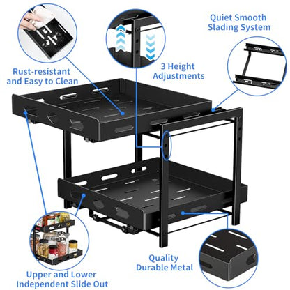 Pull Out Spice Rack Organizer for Cabinet, 2 Tier Cabinet Spice Rack Organizer, Height Adjustable Vertical Spice Rack for Cabinet, Kitchen, Pantry, Cupboard (11.9''Wx10.8''Dx9.2''H, Metal Black) - size: 11.9''Wx10.8''Dx9.2''H,2 Tier