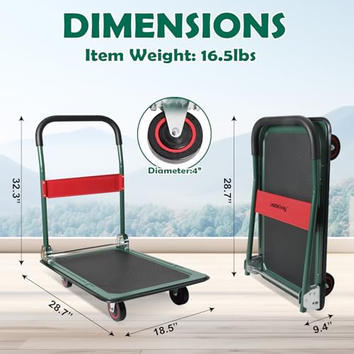 LEADALLWAY Foldable Push Cart Platform Cart, Green, 28.7x18.5x32.3in | 330lbs Capacity, 2 Ropes Included - color: Green