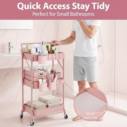 Amatic 3-Tier Folding Rolling Utility Cart with Wheels, Foldable Storage Cart Organizer with 3 Hanging Cups & 6 Hooks for Kitchen, Office, Living Room, Nursery(Pink) - color: Pink