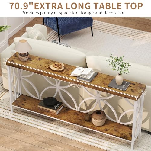 karlott 70.9 inch Extra Long Sofa Table, Industrial Console Table Behind Couch with 2 Tier Storage Shelf, Narrow Entryway Table for Entryway, Living Room, Foyer, Hallway, Unique Design, White - color: White