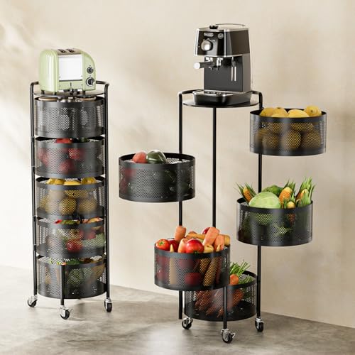 JAQ No Assembly Rotating Kitchen Storage Rack, 5-Tier Metal Basket Organizer with Wheels, Large Capacity Vertical Storage Cart for Fruit Vegetable Pantry, Potato Onion Organizer, Black - color: 5-tier/ Black-upgrade