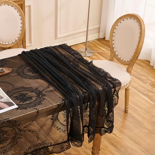 Floral Embroidered Lace Tablecloth Table Cover (Black, 95”x55”, Rectangular) - color: Black, size: 95" x 55" (Rectangular)