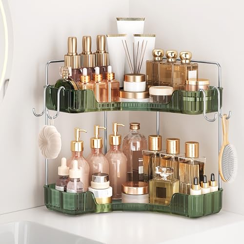 Corner Counter Organizer, 2-Tier Bathroom & Kitchen Storage Tray | PET Green Vanity Organizer Storage Countertop with Hooks for Skincare, Makeup & Jewelry - color: Green, size: 2 Tier