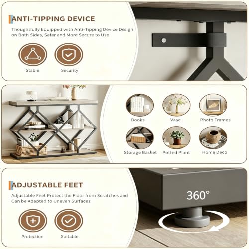 Garvee 3 Tier Console Table,39" Industrial Entryway Table,Open Wood Shelves | Sofa Table,Narrow Wood Accent Tables with Metal Frame for Hallway,Living Room,Behind Couch,Foyer,Entrance,Gray - color: Gray + Diamond-shaped