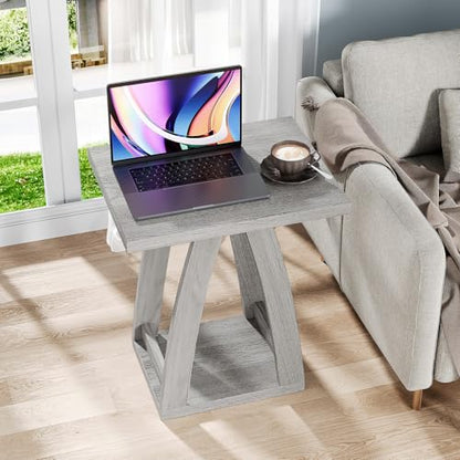 End Tables Living Room. Side Table Beside Sofa. Modern End Table for Living Room. Couch Side Table with Shelf. Grey Wood Side Tables