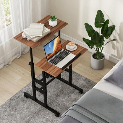 Tangkula Mobile Standing Desk, Height-Adjustable Laptop Podium Cart with Tilting Tabletop & Adjustable Angle, Rolling Stand Up Computer Desk with 2 Hanging Hooks & Lockable Casters for Home Office - color: Brown