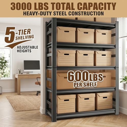 5 Tier Metal Bookshelf with Anti-Drop Fence, 72" H Adjustable Tall Bookcase, Heavy Duty 3000 LBS Modern Deep Book Shelf, Bolt-Free Storage Shelves for Living Room, Home Office, Garage - size: Upgraded-36"W x 16"D x 72"H