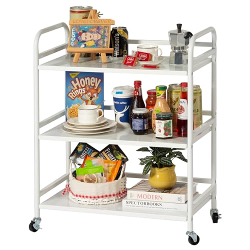 HDANI 3 Tier Metal Utility Multipurpose Rolling Cart,Large Capacity Heavy Duty Rolling Cart with 2 Lockable Wheels for Home,Office,Kitchen,Bathroom,Bedroom,White - color: White, size: Large