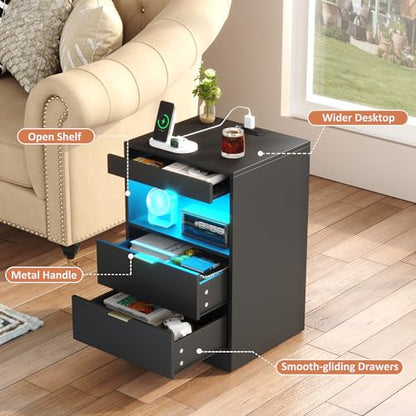 Gadroad Night Stand, LED Nightstand with Charging Station, Wood Bedside Table, End Table Sofa Couch Side Table with Pull-Out Shelf, Black - color: Black
