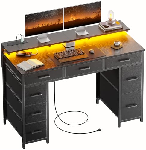 HLDIRECT 47 Inch Gaming Desk with LED Light and 8 Storage Drawers, Black | 2 AC power outlets and 2 USB ports, Dual monitor stand, metal frame & premium desktop, adjustable feet for Office & Bedroom - color: Black