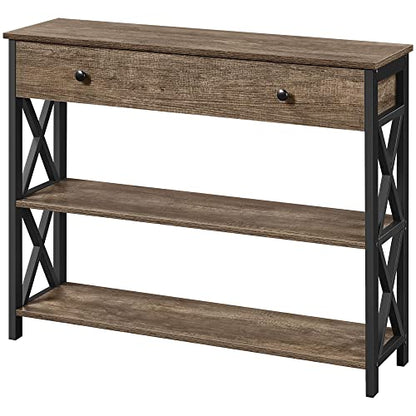 Topeakmart Industrial Console Table Sofa Table with Storage for Entryway, 3 Tier Console Table with Drawer Sturdy Hallway Table for Living Room, X Design, Taupe Wood - color: Taupe Wood, style: without Power Outlet