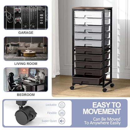 SYKIARIOL Rolling Cart with Drawers,10 Drawer Rolling Cart,Storage Cart,Utility Cart,Teacher Cart for Classroom Storage,Craft Cart with Wheels and Wooden Tabletop,Grey - color: Grey