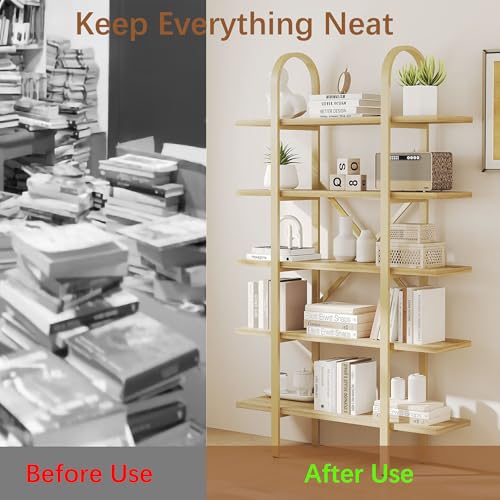 Wide Bookshelf Arched Bookcase, Industrial 5 Tier Open Book Shelves with Metal Frame, 72" Tall Freestanding Heavy Duty Display Rack for Home Office, Living Room,Nature Wood & Gold,Easy Assembly - color: Nature Wood & Gold, size: 5 Tier Arched Wide