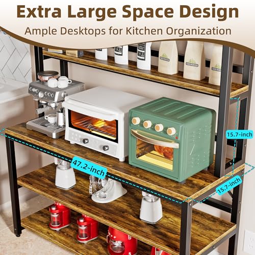 Aquzee Bakers Racks for Kitchens with Storage, 6 Tiers Large(47.2“W x 15.7”D x 70.8" H) Kitchen Stand with Hutch, Freestanding Organizer with Shelves,Rustic Brown - color: Rustic Brown Board + Black Frame