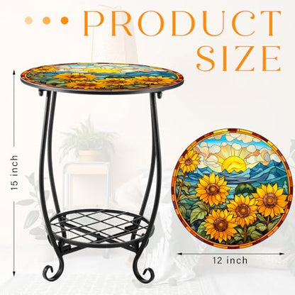 Cinnvoice Outdoor Side Table Round Small Mosaic Patio Accent Indoor End Plant Coffee Tea Table for Yard Patio Porch Garden Living Room, Bedroom(Sunflower Style,14 Inch) - size: 14 Inch, style: Sunflower Style
