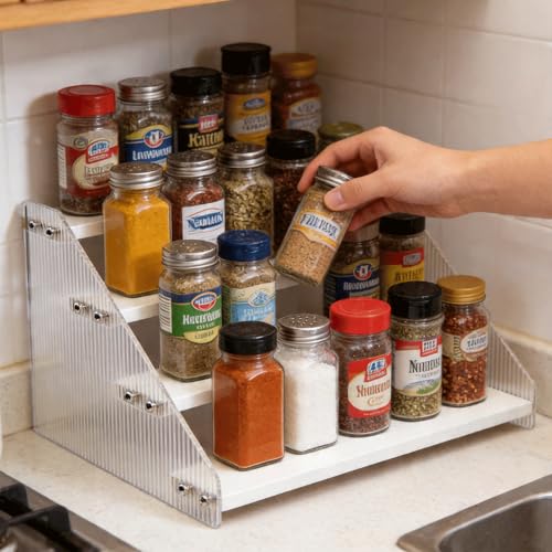 Tiered Spice Rack Organizer for Countertop & Cabinet, 4-Tier 12in Kitchen Seasoning Storage Shelf, Space Saving Standing Spice Organizer, Wooden & Acrylic, White - color: White, size: 4-Tier 12in