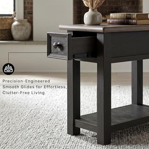 Signature Design by Ashley Narrow Chairside End Table with Charging Station | Smooth-gliding remote drawer, Lower display shelf, Rustic 2-tone finish, Tyler Creek Series - color: Black