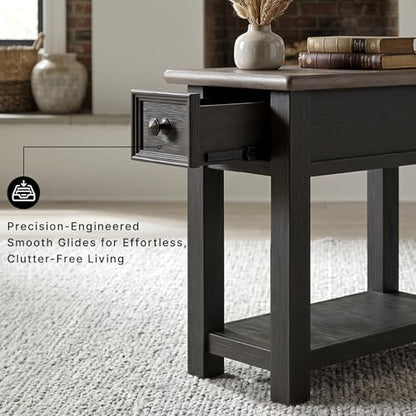 Signature Design by Ashley Narrow Chairside End Table with Charging Station | Smooth-gliding remote drawer, Lower display shelf, Rustic 2-tone finish, Tyler Creek Series - color: Black