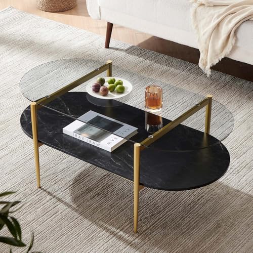 LumFurn Oval Glass Coffee Table, Mid-Century Modern Design, L41 x W21 x H17 inch, for Living Room, Grey Glass Top, Black Marble Finish Wood Shelf & Gold Finish Frame - color: Grey & Black Marble, size: L41" Oval Coffee Table