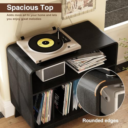 RowyPoey Large Record Player Stand, 31.5" Curved Turntable Stand, Black | Vinyl Record Storage, Mid Century Modern, Wood Record Holder Cabinet, Stereo Media Shelf for Living Room, Bedroom, Office