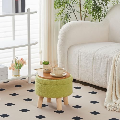 Wimarsbon Storage Ottoman, Modern Round Footrest with Soft Padded Seat, Teddy Velvet Footstool with Wood Legs, Accent Small Table or Plant Stand for Hallway, Living Room (Brilliant Green) - color: Brilliant Green