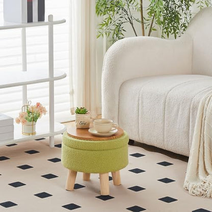 Wimarsbon Storage Ottoman, Modern Round Footrest with Soft Padded Seat, Teddy Velvet Footstool with Wood Legs, Accent Small Table or Plant Stand for Hallway, Living Room (Brilliant Green) - color: Brilliant Green