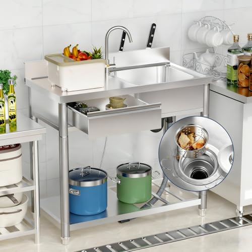 304 Stainless Steel Outdoor Utility Sink with Workbench & Storage Shelf, Freestanding Prep Table with Left Drawer, 39" Garden Patio Sink Station with 360° Hot & Cold Water Faucet - size: 39.3" x20.3" x 35.1"